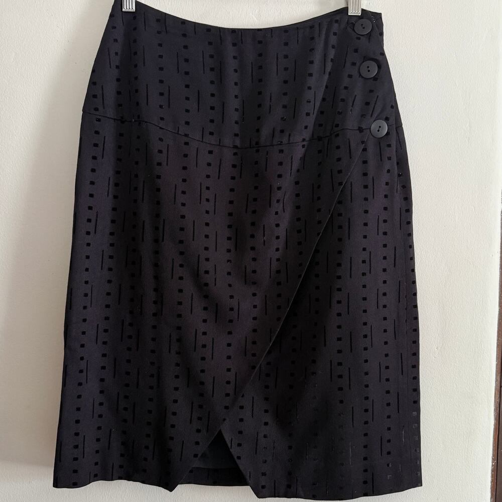 JHANE BARNES 90s Vintage Black Wool Blend Wrap Skirt Geometric pattern Size 10